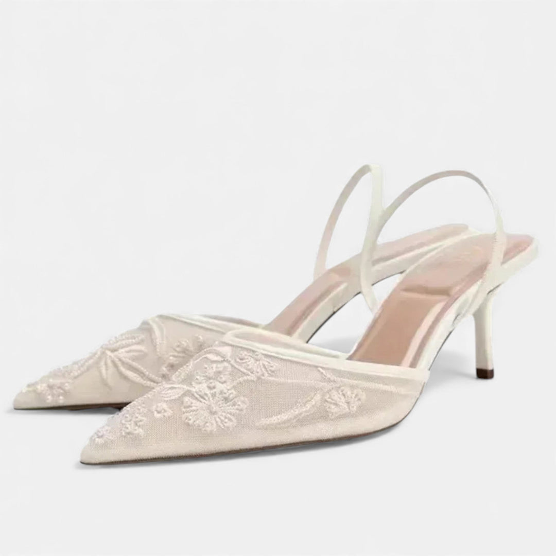 Anna | Embroidered Mesh Pointed Toe Mule Heels