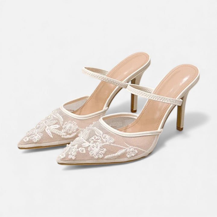 Anna | Embroidered Mesh Pointed Toe Mule Heels