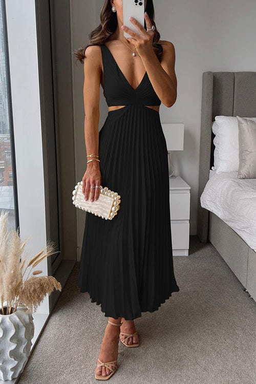 Adaline | Pleated Midi Dress with Cut-Out Waist