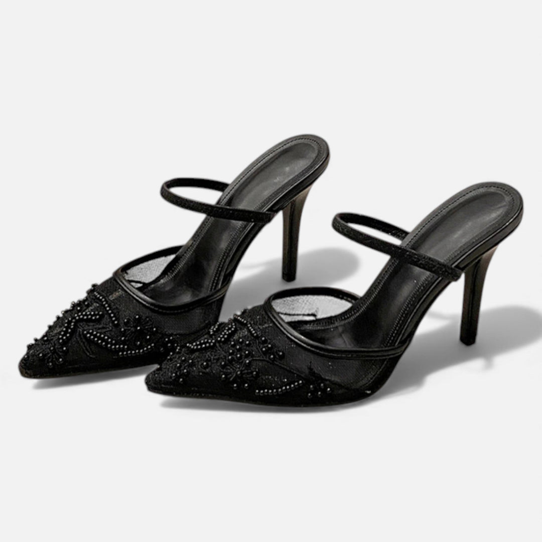 Anna | Embroidered Mesh Pointed Toe Mule Heels