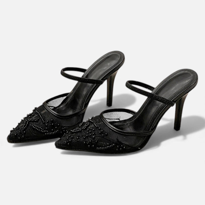 Anna | Embroidered Mesh Pointed Toe Mule Heels