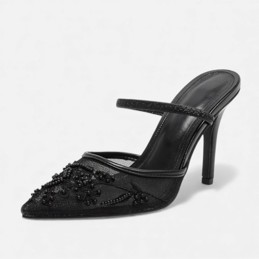 Anna | Embroidered Mesh Pointed Toe Mule Heels