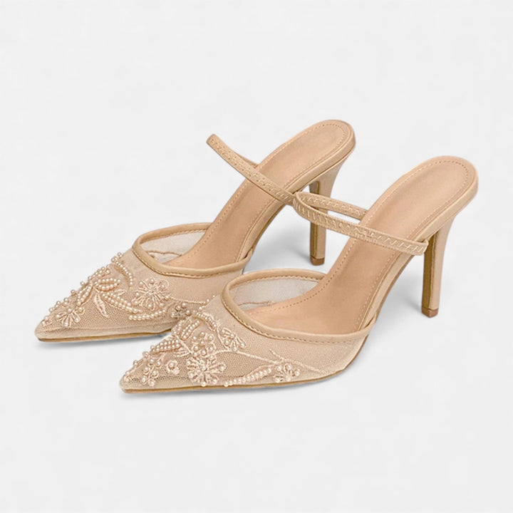 Anna | Embroidered Mesh Pointed Toe Mule Heels
