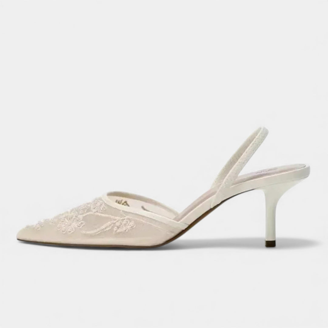 Anna | Embroidered Mesh Pointed Toe Mule Heels