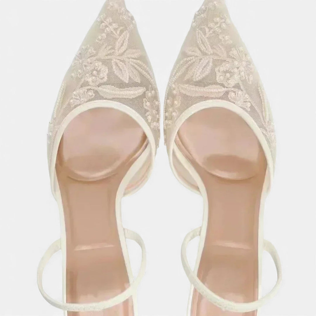 Anna | Embroidered Mesh Pointed Toe Mule Heels
