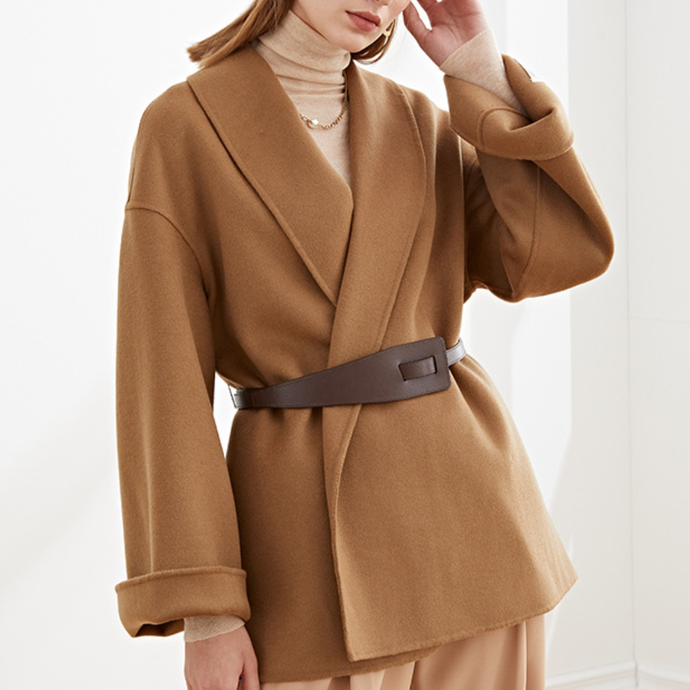 Helena belted open-front lapel coat, brown