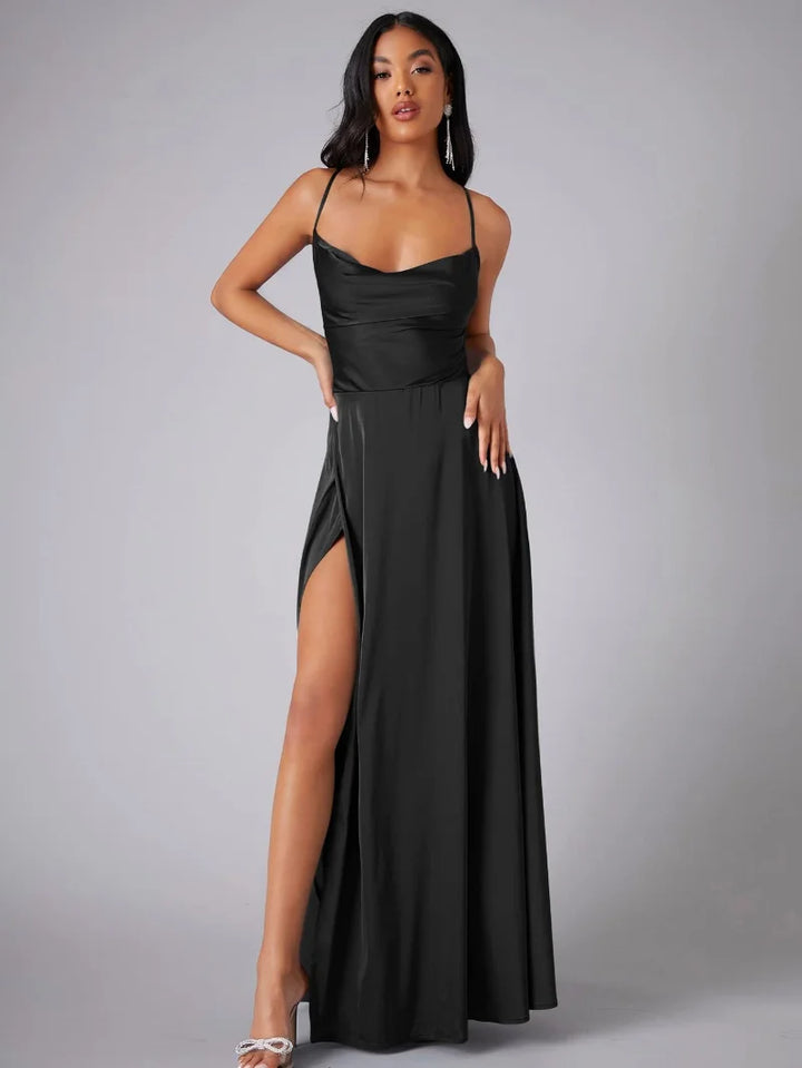 Gabriela | Satin Cowl Neck Maxi Dress with Slit
