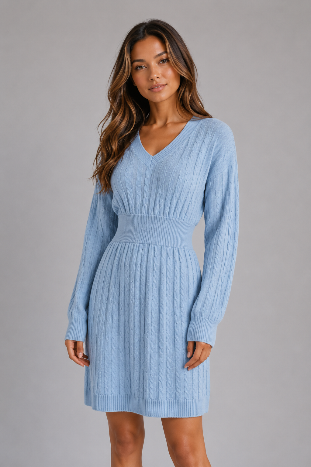 Ada cable knit midi dress v-neck shirred waist - full look