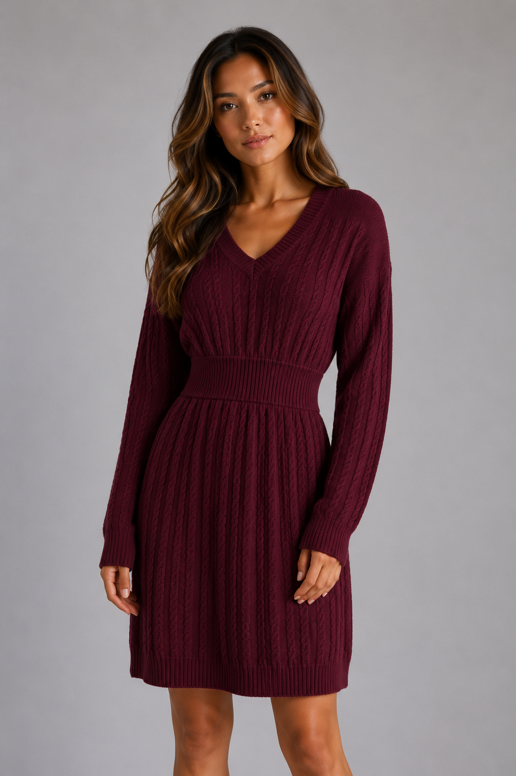 Ada cable knit midi dress v-neck shirred waist - styled outfit 1
