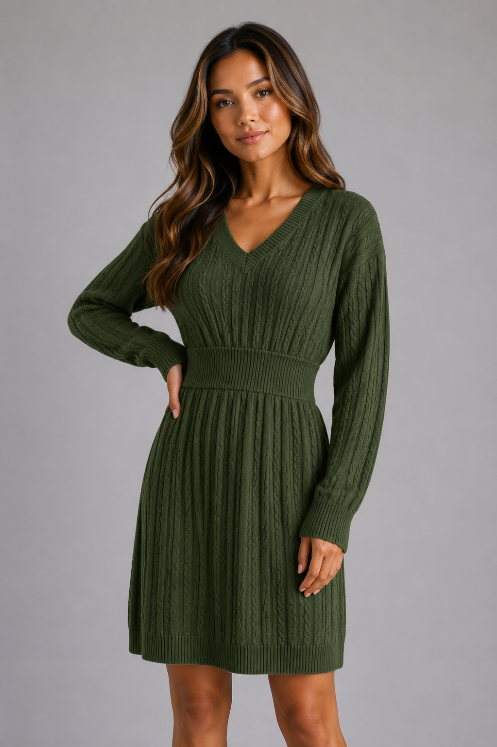 Ada cable knit midi dress v-neck shirred waist - styled outfit 2