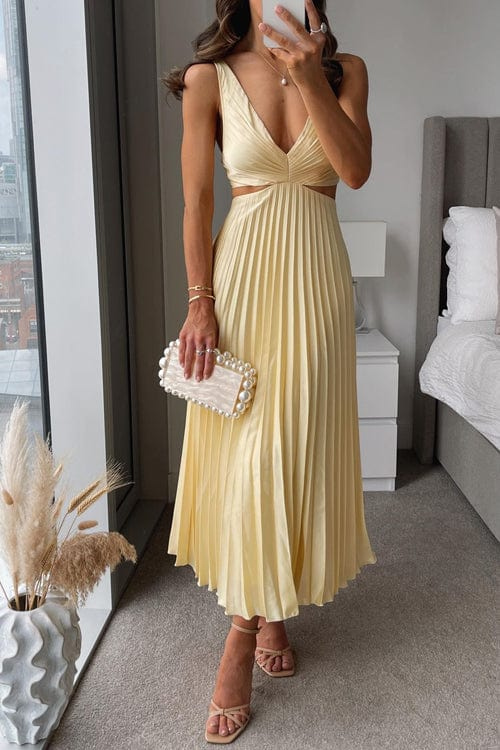 Adaline | Pleated Midi Dress with Cut-Out Waist