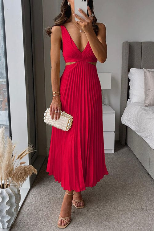 Adaline | Pleated Midi Dress with Cut-Out Waist