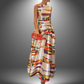 Mannequin wearing a colorful geometric-patterned dress on a gray background