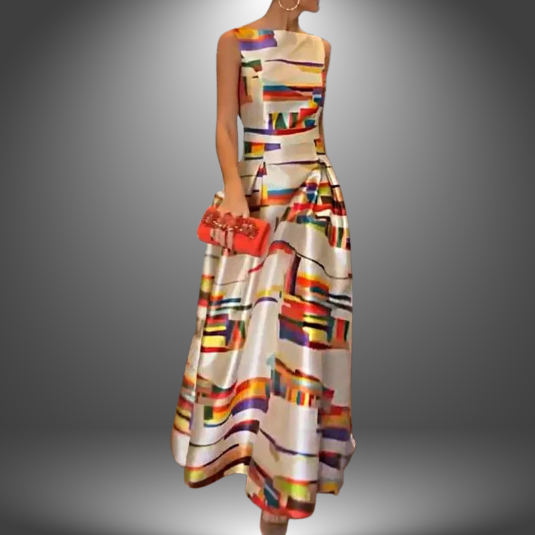 Mannequin wearing a colorful geometric-patterned dress on a gray background
