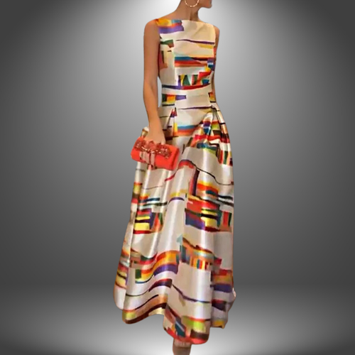 Mannequin wearing a colorful geometric-patterned dress on a gray background