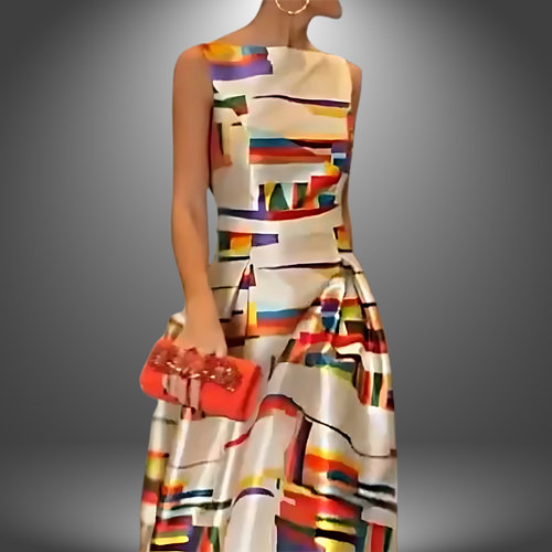 Woman wearing a colorful dress with a red clutch against a gray background