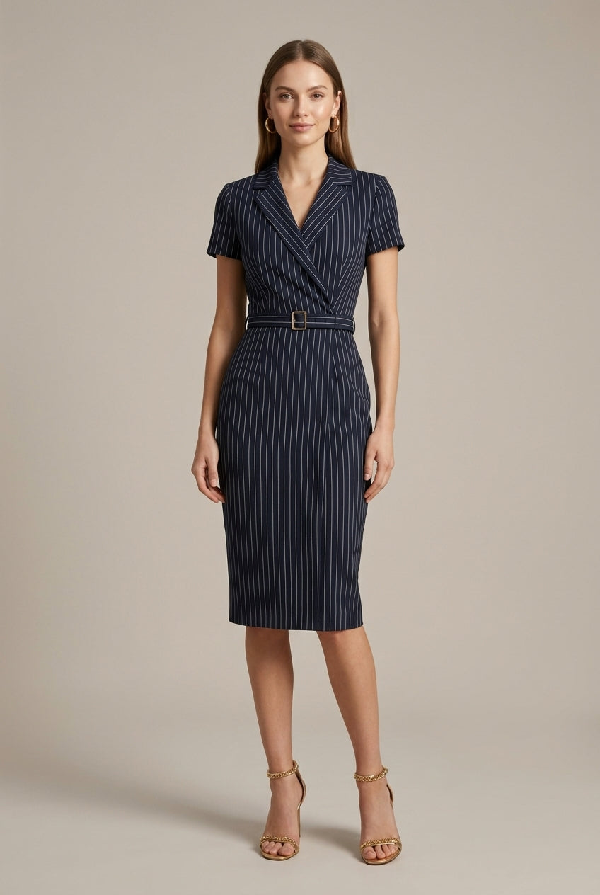 Amber | Striped Notched Lapel Belted Pencil Midi Dress