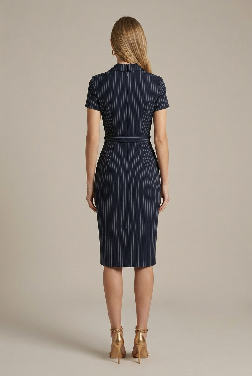 Amber | Striped Notched Lapel Belted Pencil Midi Dress