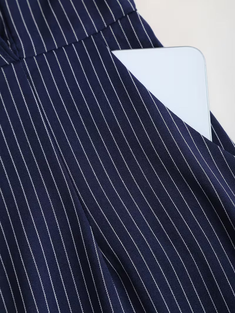 Amber | Striped Notched Lapel Belted Pencil Midi Dress