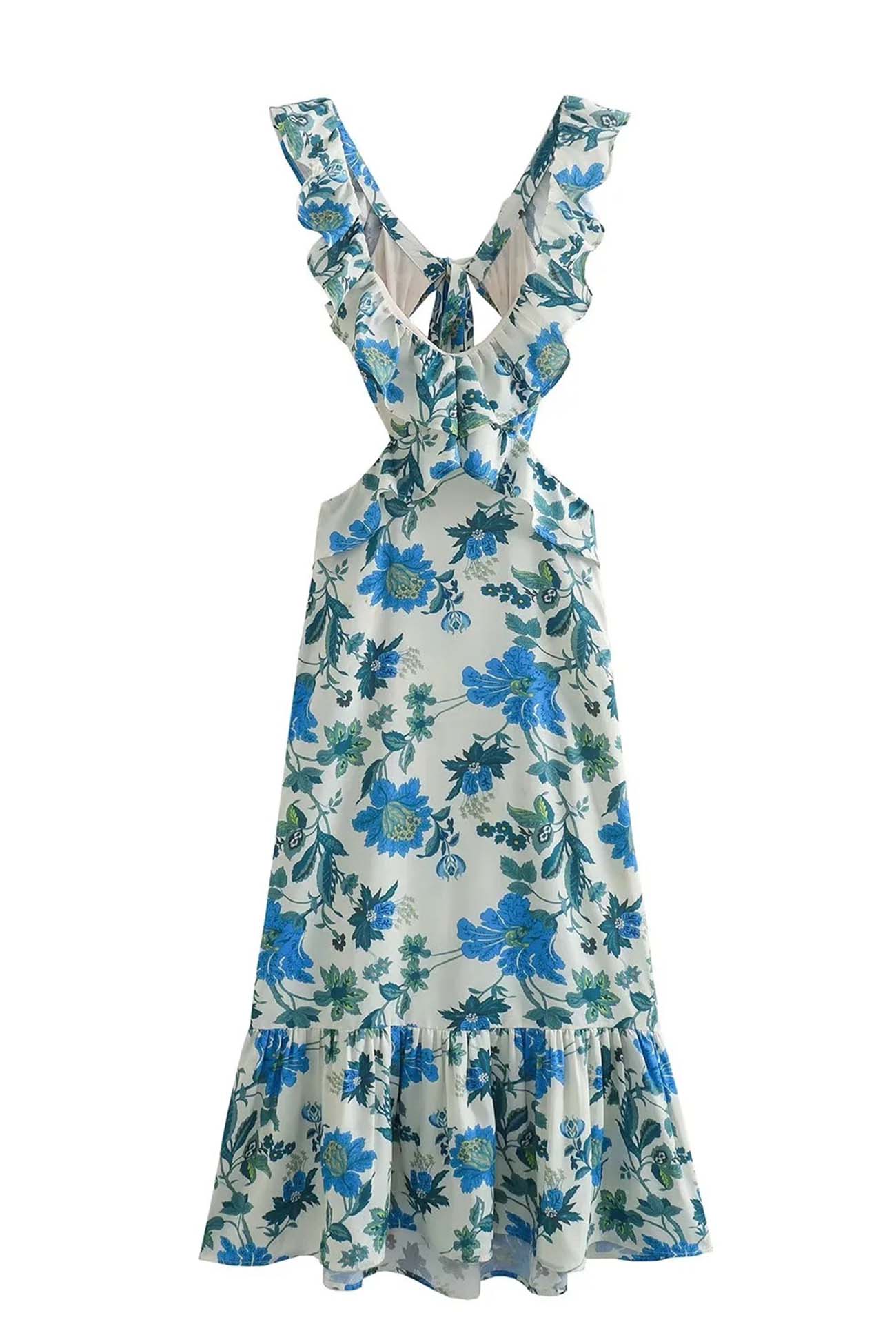 Floral dress with blue and green pattern on a white background