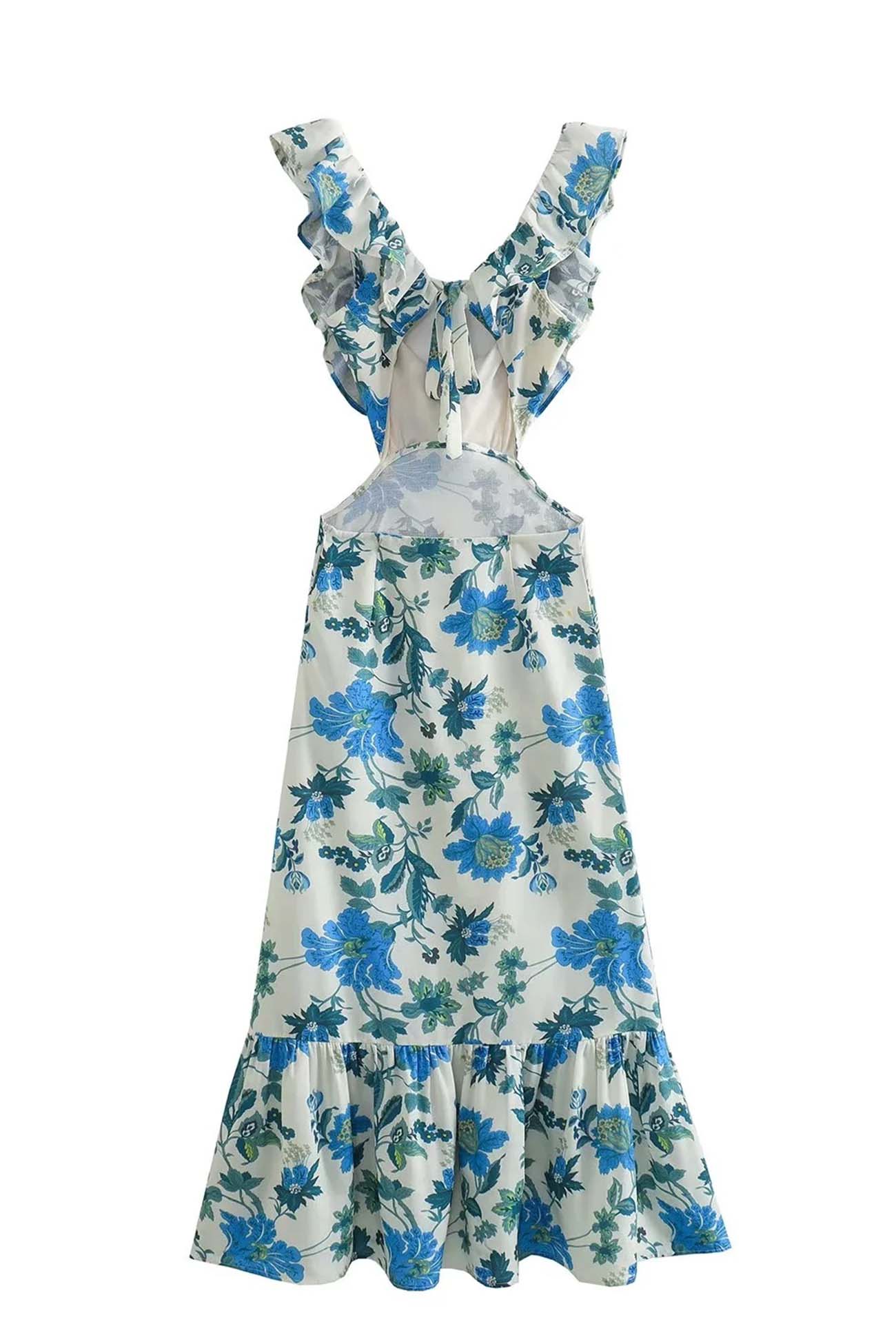 Floral dress with blue and green patterns on a white background