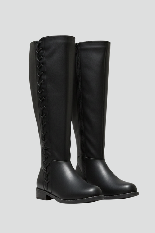 Black knee-high boots with lace-up design on a light gray background
