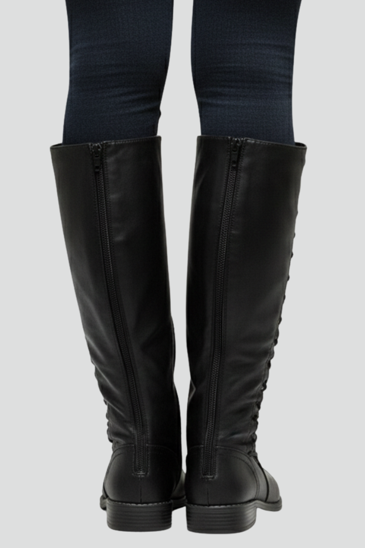 Black knee-high boots worn with dark jeans on a light gray background