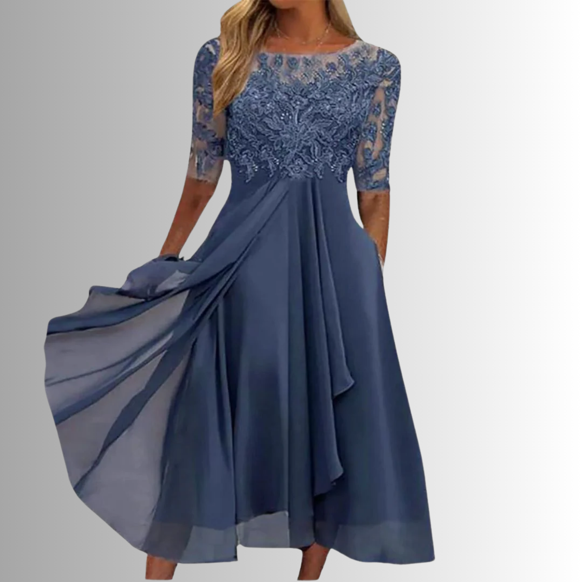 Annie | Lace Bodice Midi Dress with Sheer Sleeves