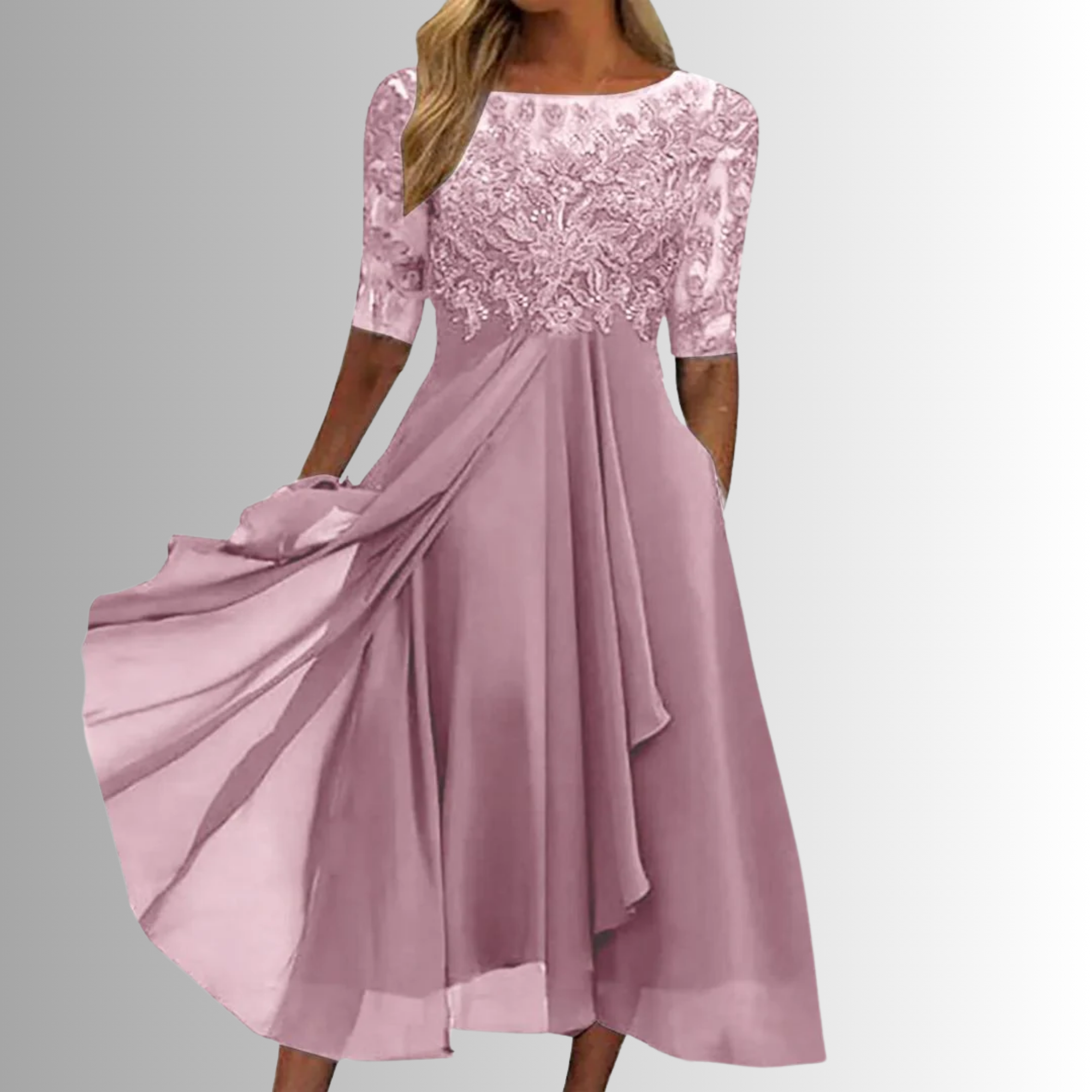 Annie | Lace Bodice Midi Dress with Sheer Sleeves
