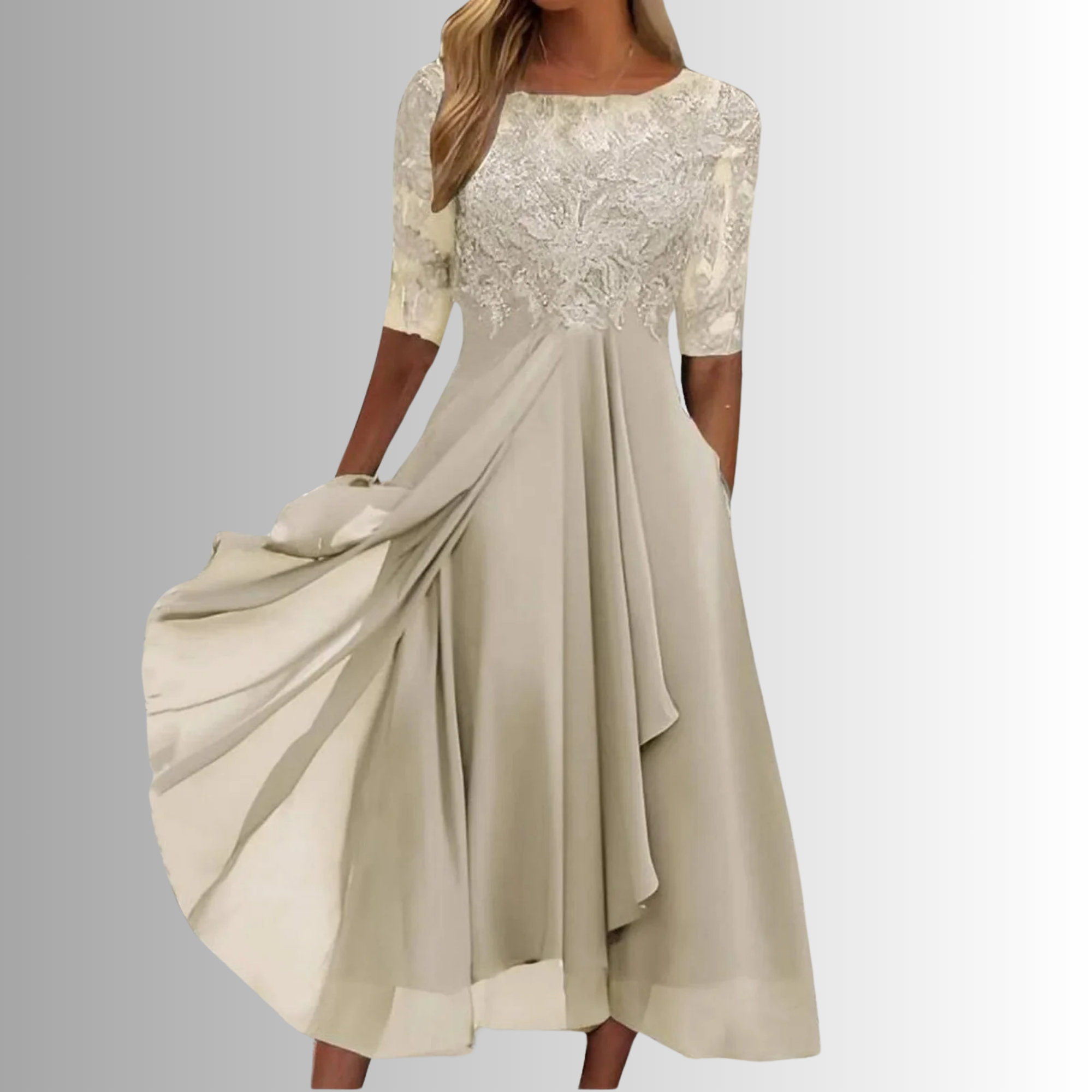 Annie | Lace Bodice Midi Dress with Sheer Sleeves