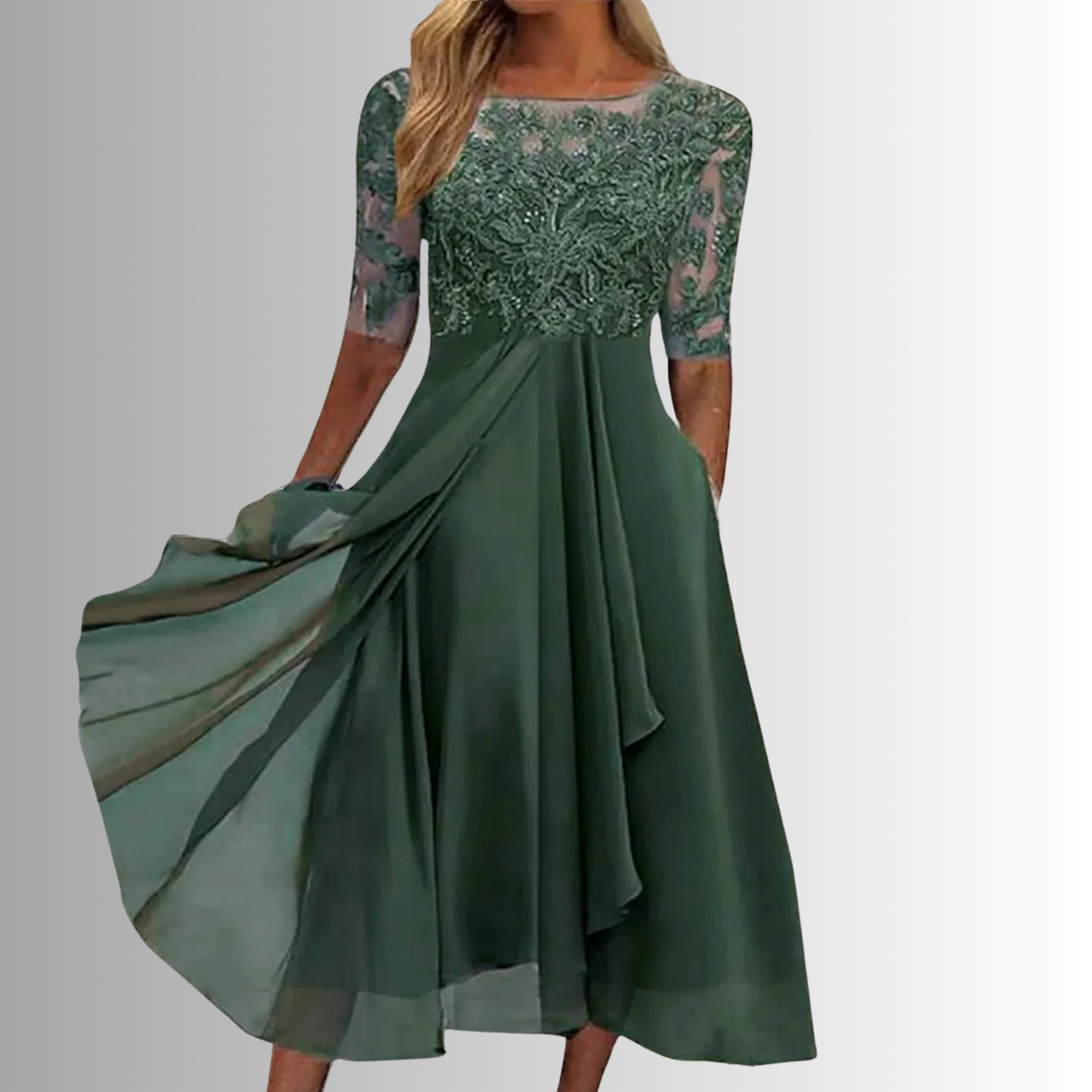 Annie | Lace Bodice Midi Dress with Sheer Sleeves