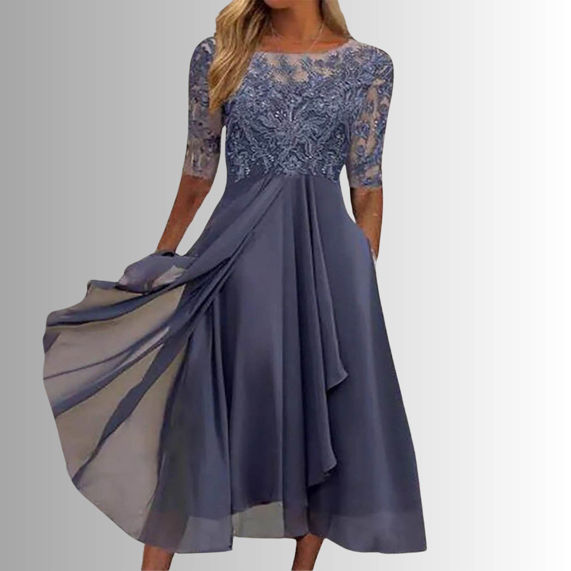 Annie | Lace Bodice Midi Dress with Sheer Sleeves