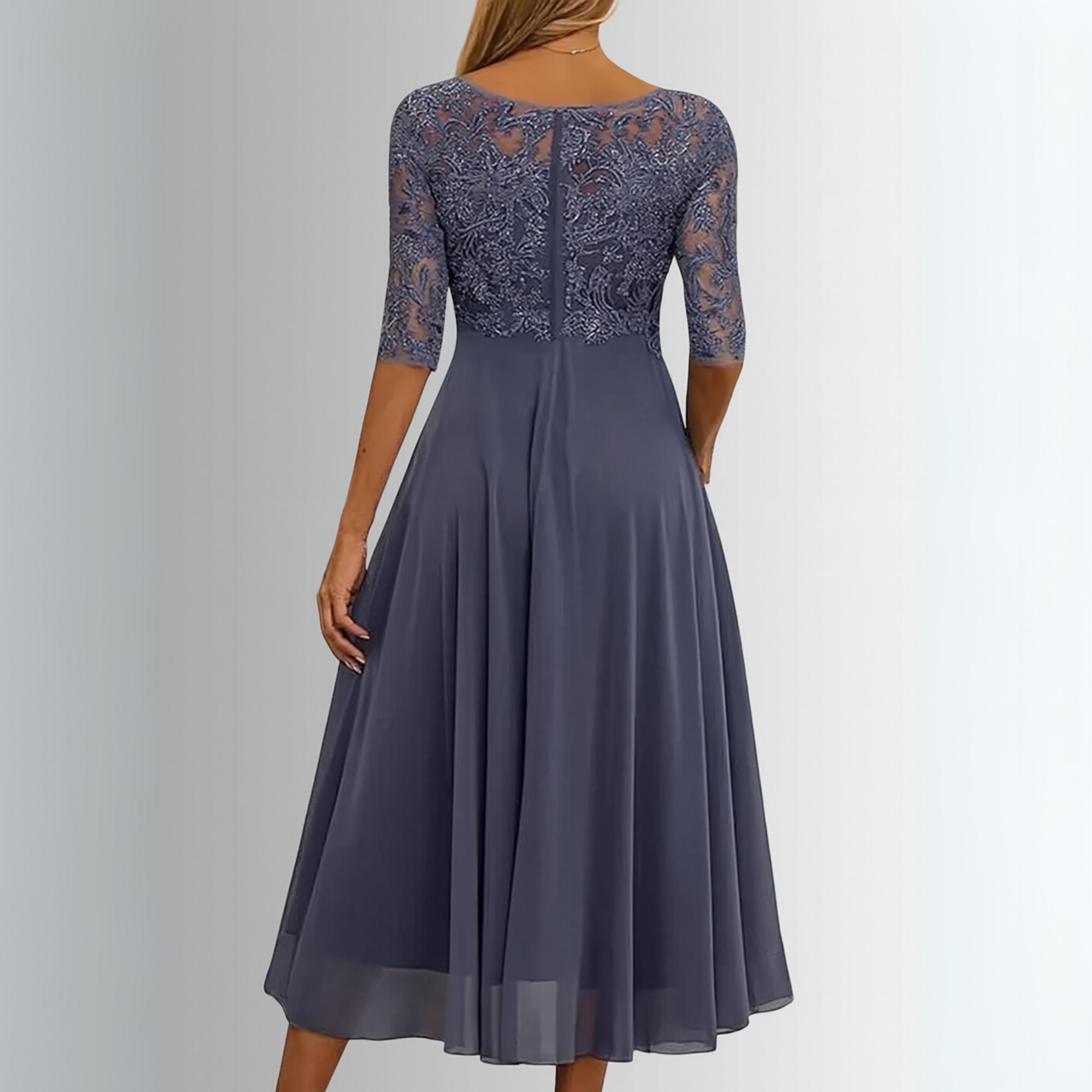 Annie | Lace Bodice Midi Dress with Sheer Sleeves