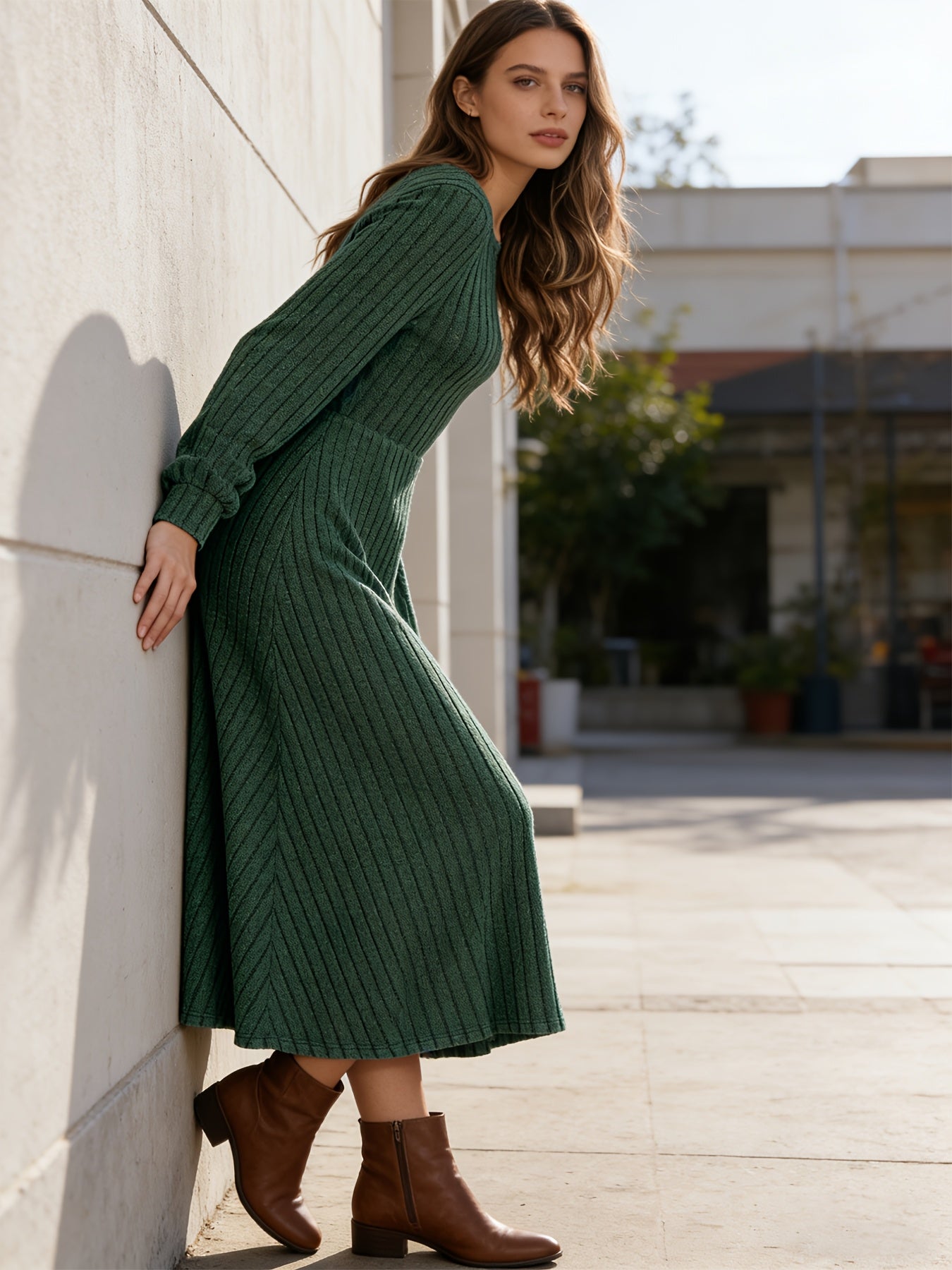 Anouk fall striped midi dress - color Khaki