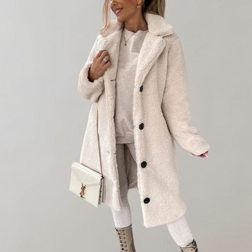 Anthea long teddy coat with lapel, apricot
