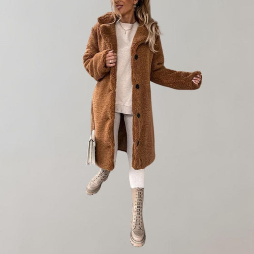 Anthea long teddy coat with lapel, brown
