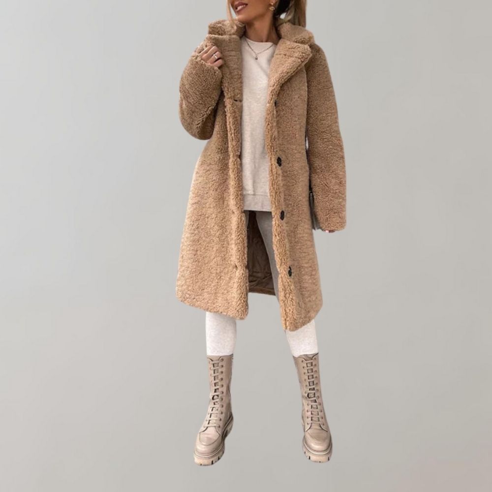Anthea long teddy coat with lapel, khaki