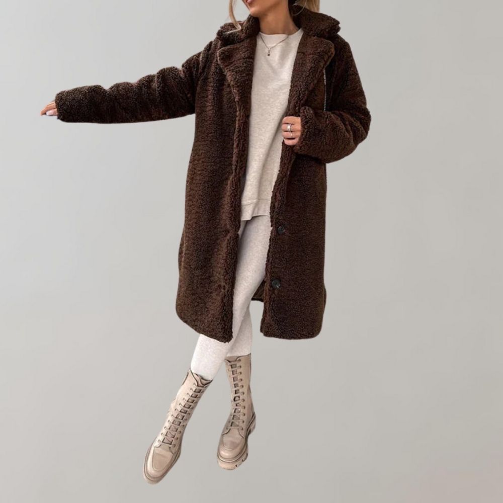 Anthea long teddy coat with lapel, coffee