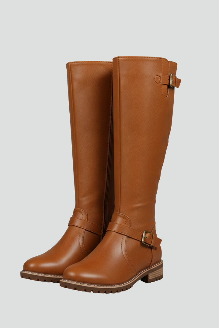 Pair of brown knee-high boots with buckles on a light gray background