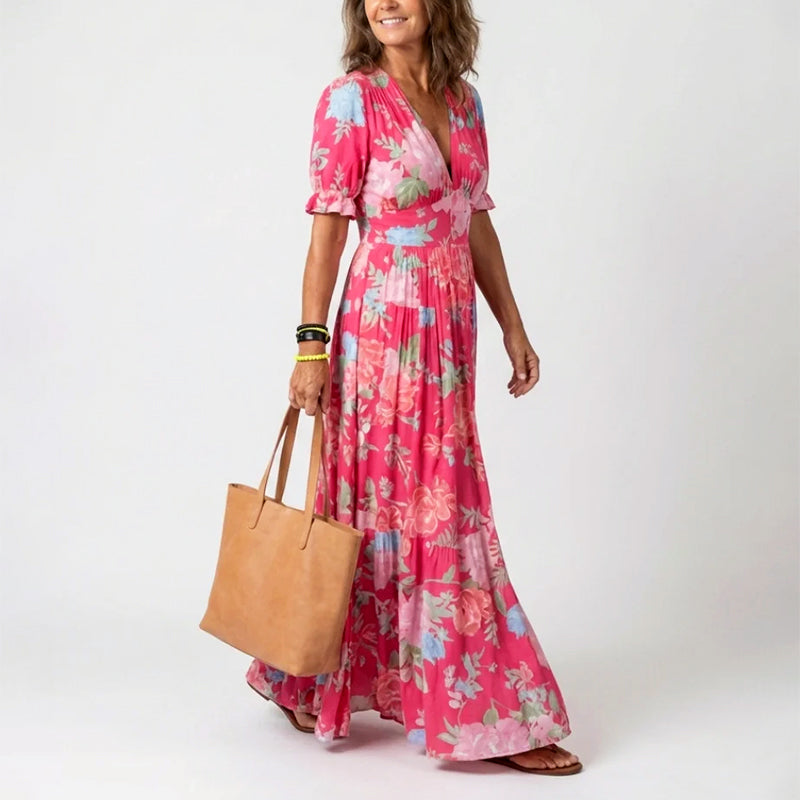 Aria | Pleated Floral Short Sleeve Maxi Dress