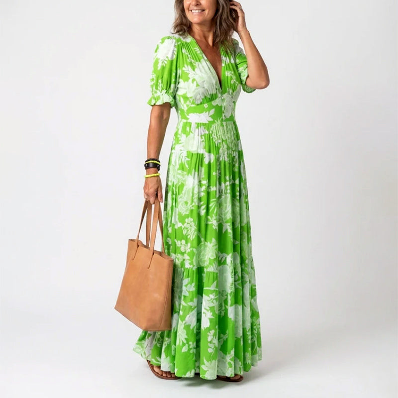 Aria | Pleated Floral Short Sleeve Maxi Dress