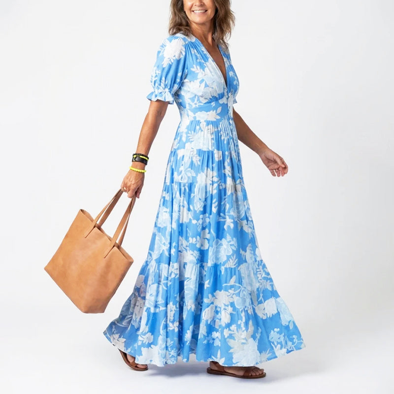 Aria | Pleated Floral Short Sleeve Maxi Dress