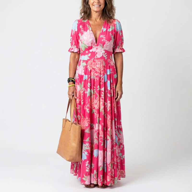 Aria | Pleated Floral Short Sleeve Maxi Dress