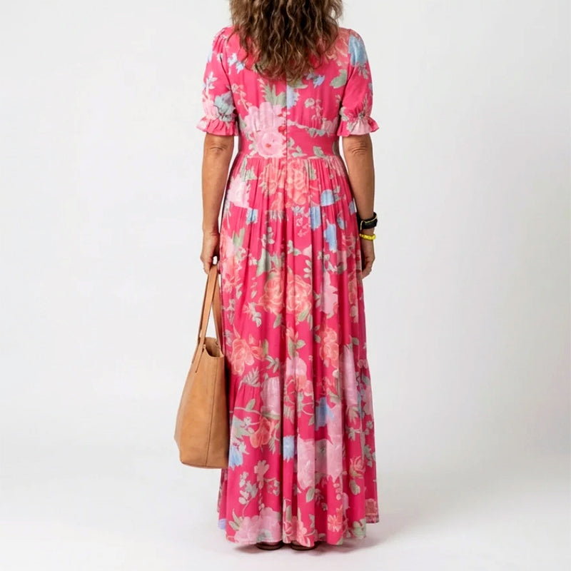 Aria | Pleated Floral Short Sleeve Maxi Dress
