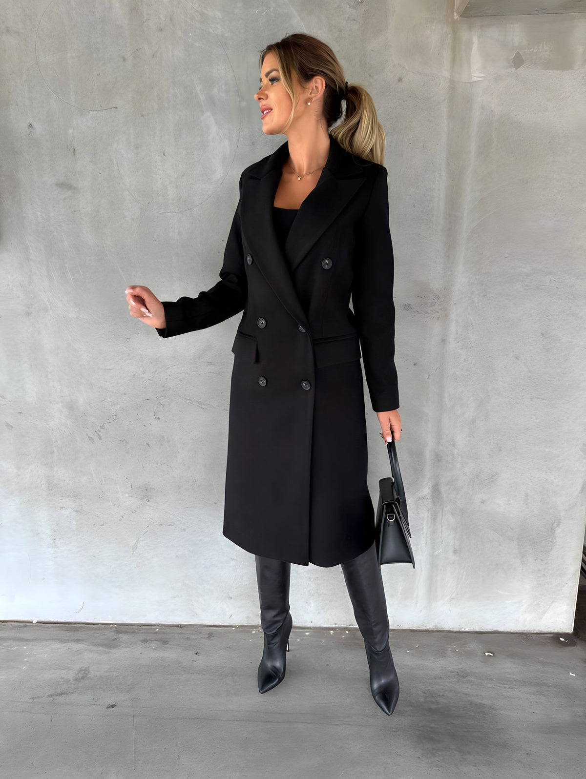 Ariadne double-breasted wide lapel long coat, black