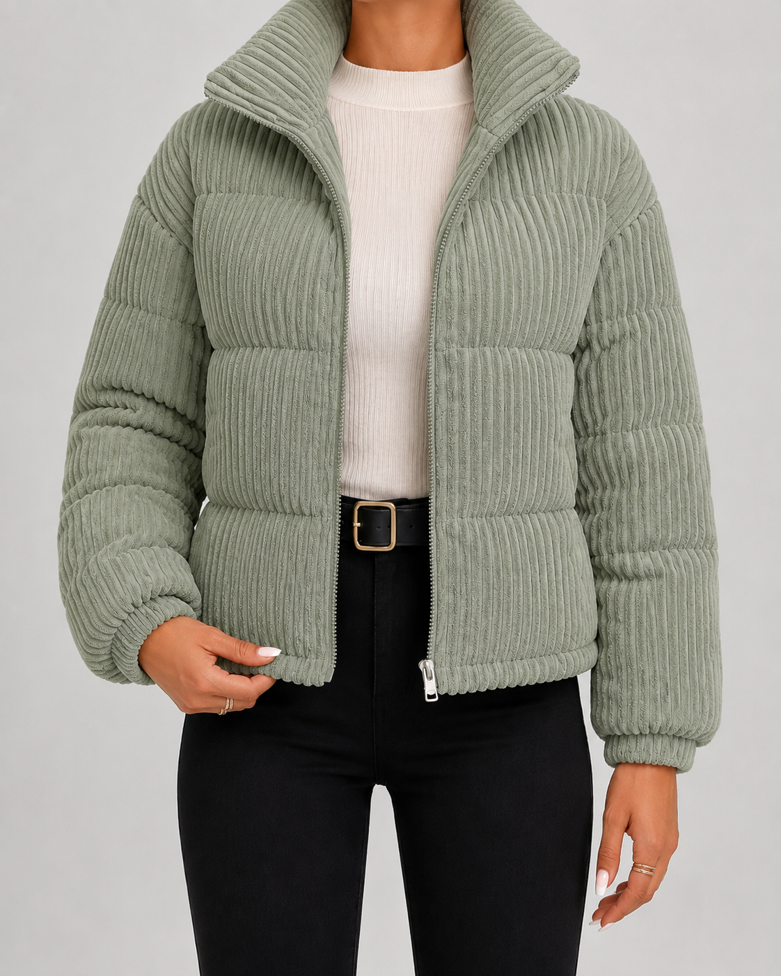 Barbara corduroy puffer jacket funnel neck - side view