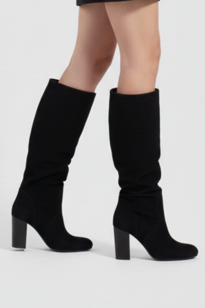 Black knee-high boots worn by a person on a white background