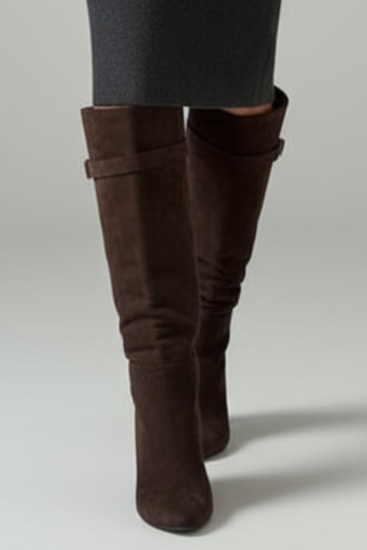 Brown knee-high boots on a plain background