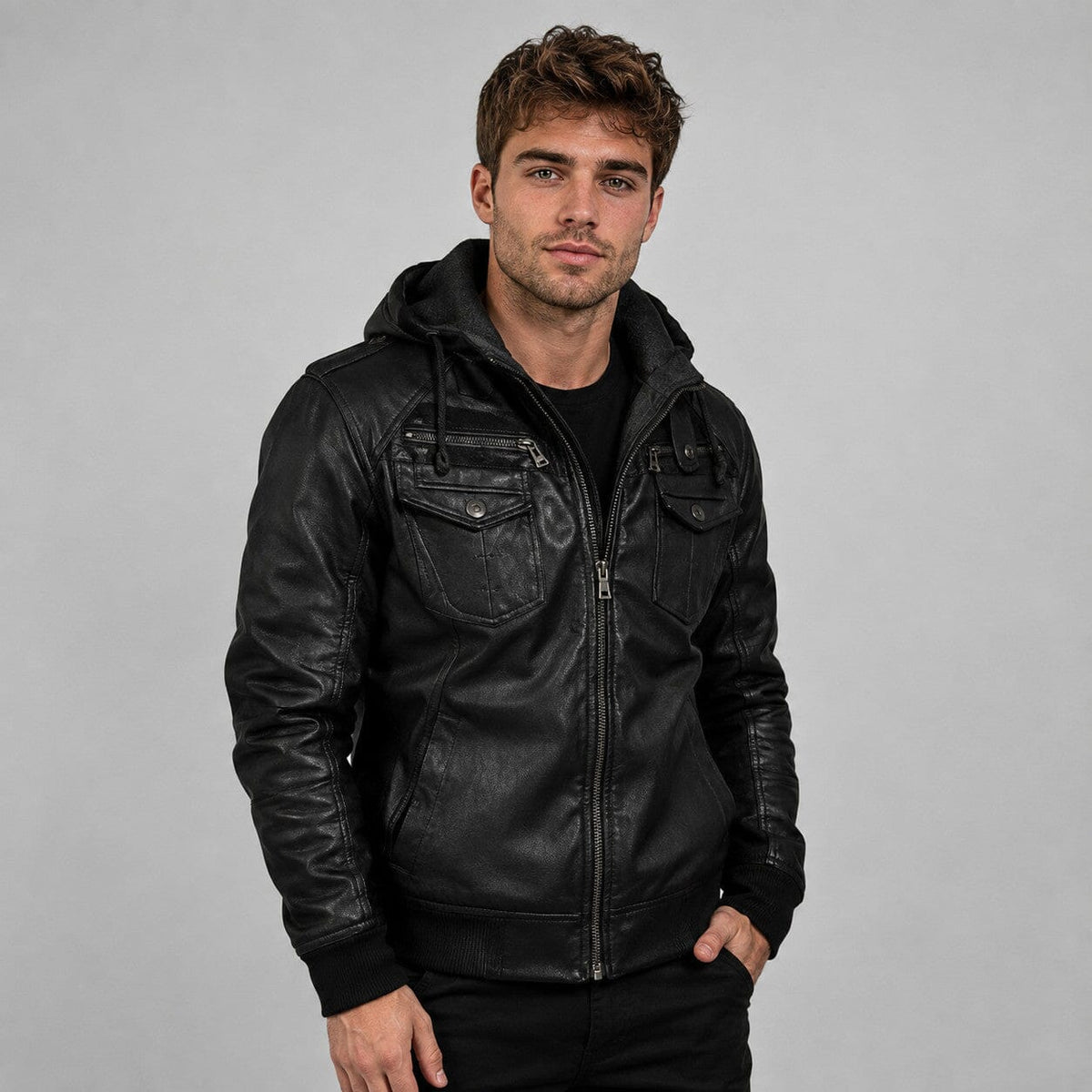 Bertrand faux leather hooded utility jacket, view 3