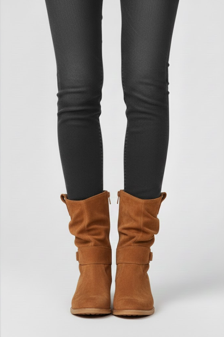 Brown boots worn with black leggings on a white background